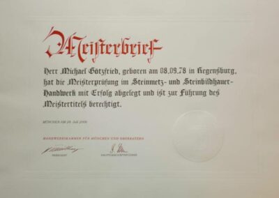 Meisterbrief, Michael Götzfried IV., Naturstein Götzfried
