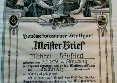 Meisterbrief des Firmengruenders Michael I.