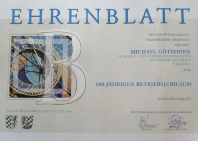 Ehrenblatt, 100 Jahre Naturstein Götzfried